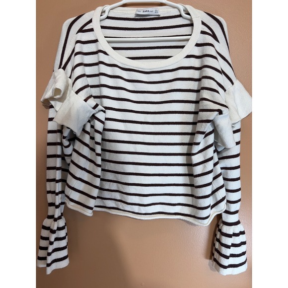 Zara Sweaters - Zara Knit Striped Ruffle Shoulder Bell Sleeve Sweater Cream Brown Womens Medium
